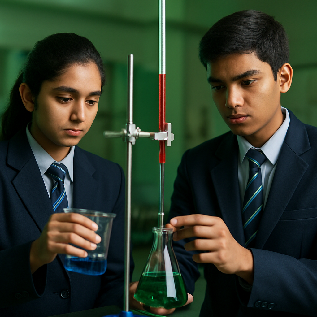 Students performing a chemistry experiment in a school laboratory